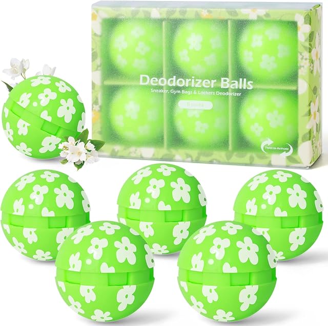 Deodorizer Balls, Shoe Fresheners Sneaker Deodorizer Balls 6 Pack, Shoe Deodorant for Sneakers, Lockers, Gym Bags, Homes, Offices and Cars, Natural Jasmine Aroma, Green