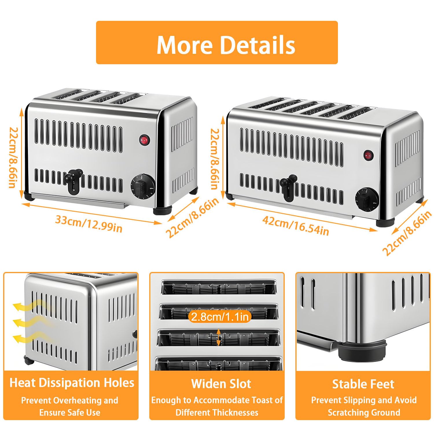 Tostadoras comerciales de Acero Inoxidable de 2240 W, tostadora Comercial de rebanadas, Calentamiento Uniforme, Tiempo Ajustable y cocción rápida, Pan, sándwiches y Pastel de Carne. 6Slots