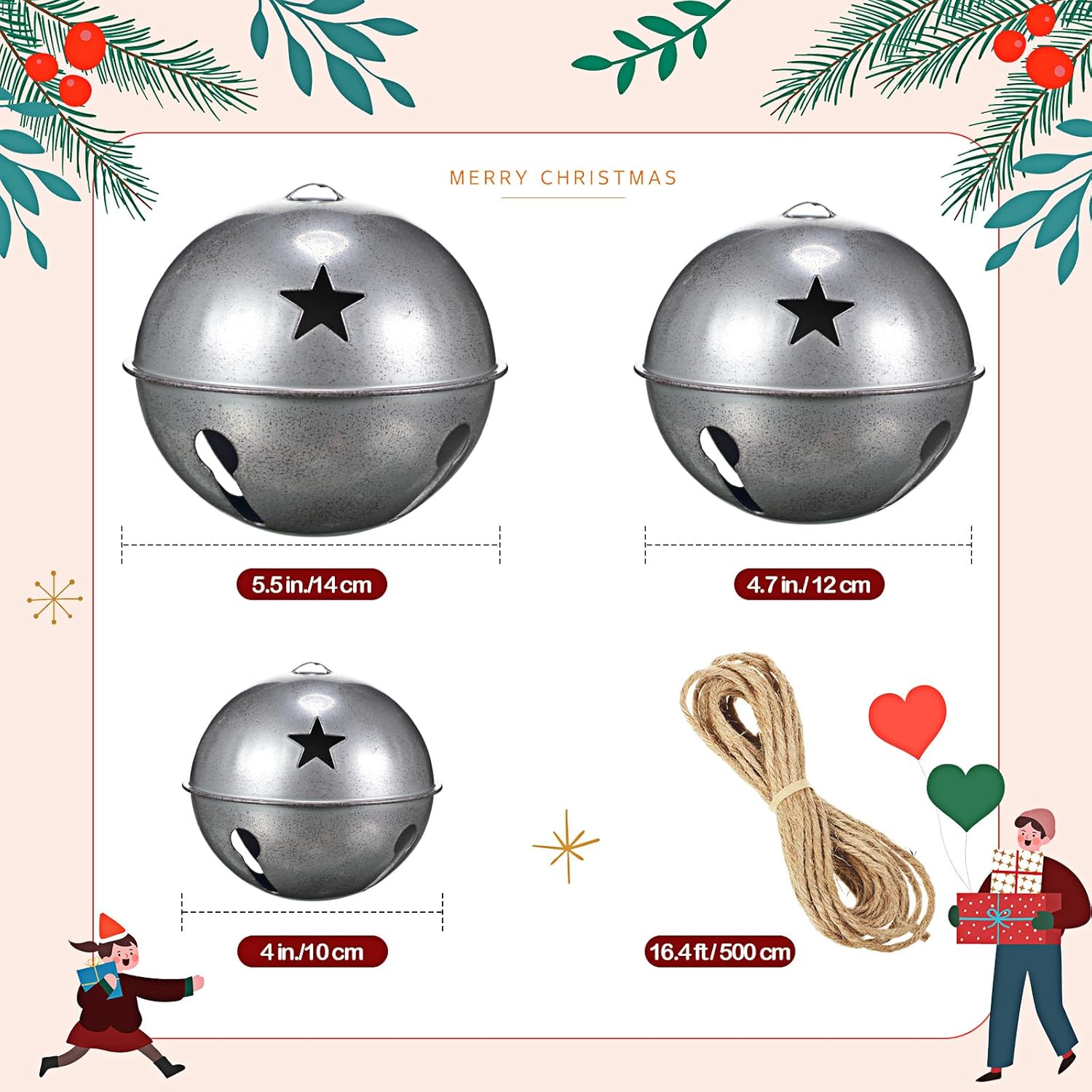 Tandefio Giant Christmas Vintage Bells Christmas Tree Ornaments Set of 5.5" 4.7" 4" H Decorative Bells with Jute Hanging Rope for Door Knob Home Garden Decor DIY Craft(Silver)