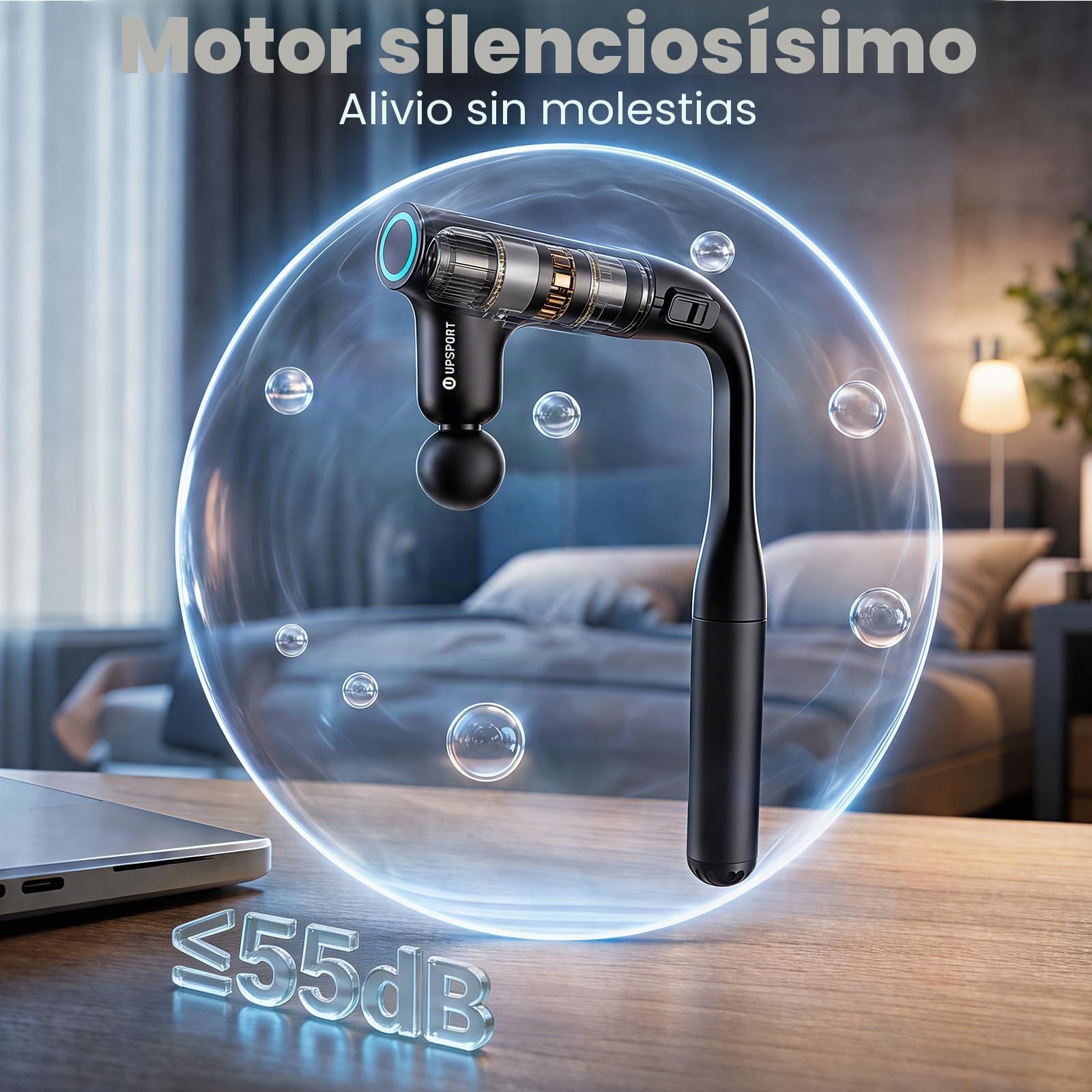 Pistola de Masaje Espalda, Mango Extensible 50cm para Automasaje | Fuerza 7kg Percusión Turbo Tejido Profondo Masajeador Eléctrico Portátil para Recuperación Deportiva, 4 Cabezales USB-C