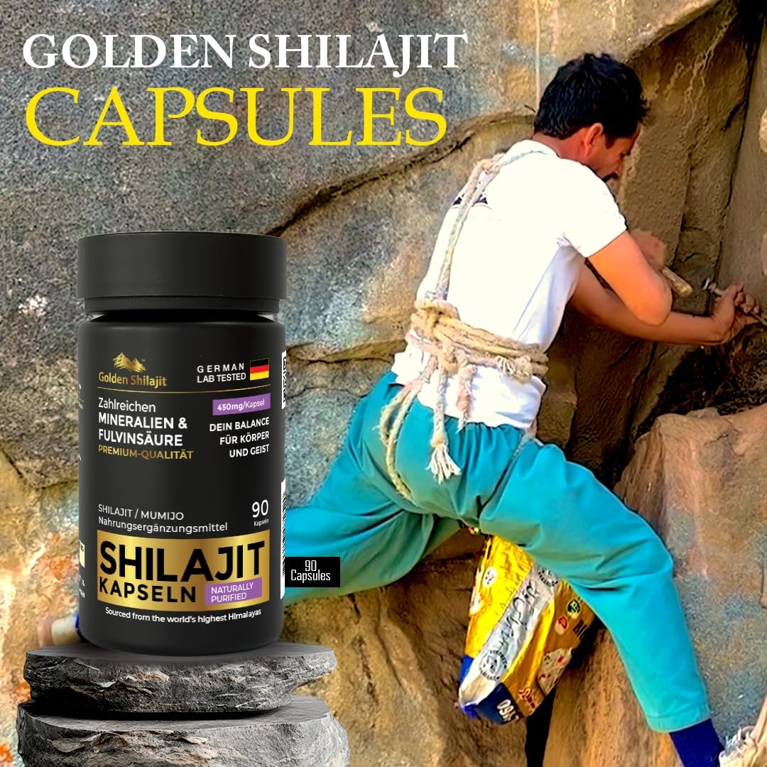 Goldene Shilajit-Kapseln 450 mg 90 Kapseln (3-Monats-Vorrat) Mumijo mit über 85 Natürliche Mineralien mit Fulvinsäure & Huminsäure Natürliche Energie und Vitalität, Pflanzlich, Laborgeprüft