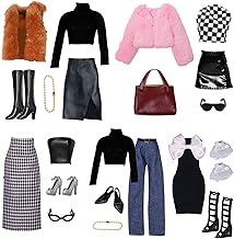 17 Pièces Vêtements et Accessoires pour 11.5" Poupées Include 6 Tenues Kit de Gilets Robe en Cuir Tailleur Jupe Veste en Peluche Jupe Longue avec Nœud 4 Accessoires 7 de Chaussures au Hasard