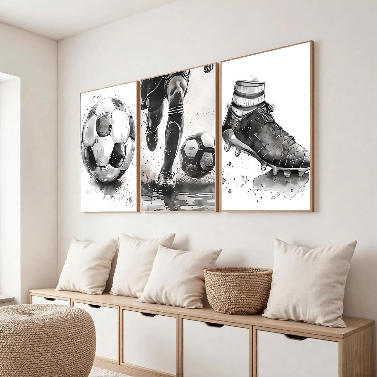 3Pcs Soccer Posters Wall Art Black and White Football Decor pictures Modern Sports Theme Poster Prints for Stadium Boys Room Locker Room Living Room Home Decoration Unframed