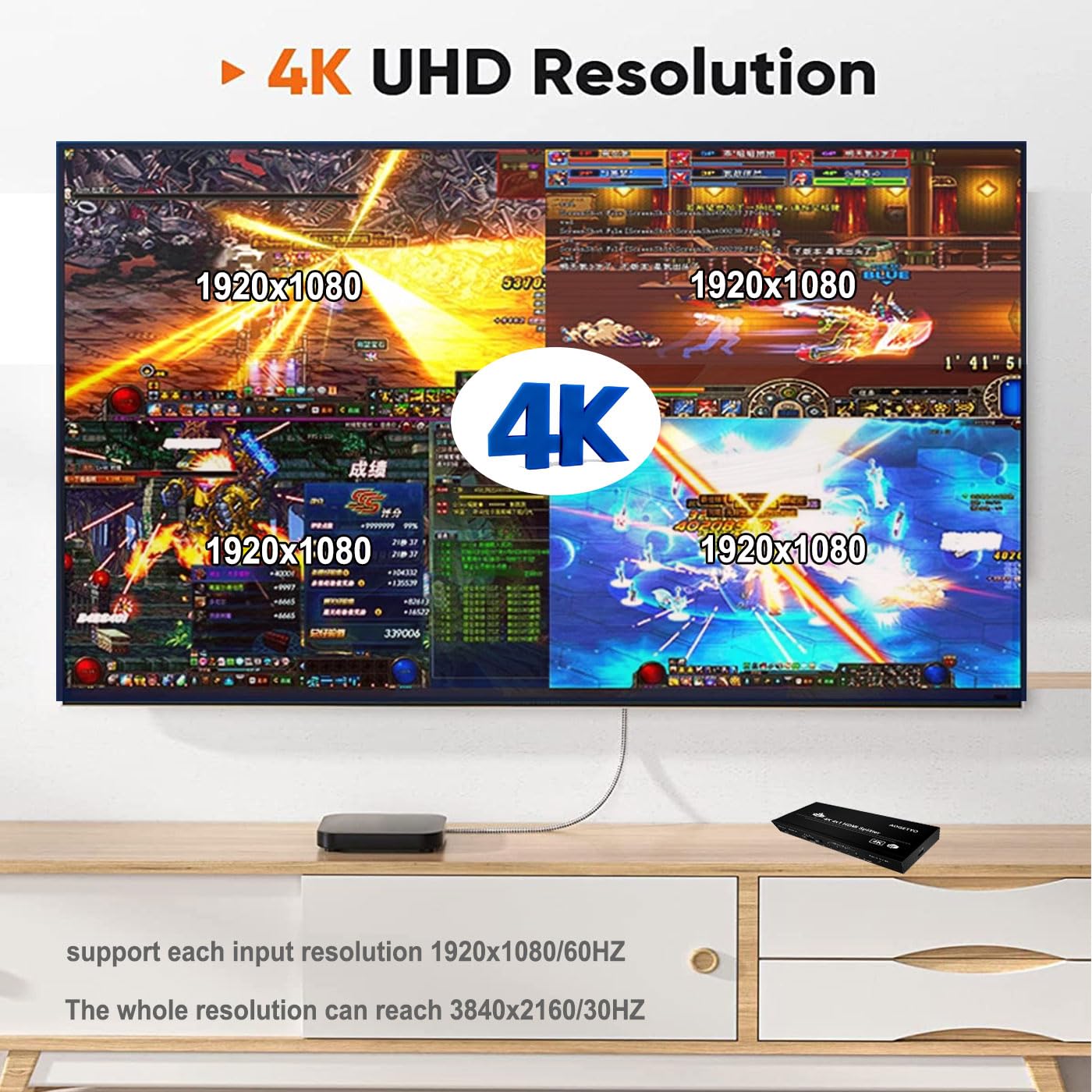 4K HDMI Switch, 4K hdmi switcher 4 in 1 Out, IR Remote Control+Button Press, HDMI Splitter with 5 Modes Displays 1 Full Screen+4 Kinds Four Split, Support 3D HDCP2.2, Audio Extractor for PS4/5/PC/DVD