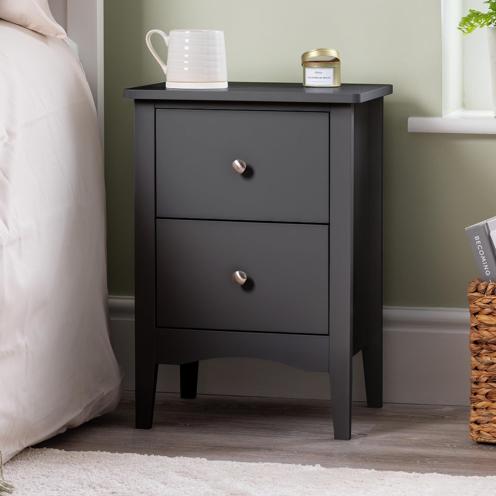 Christow Black 2 Drawer Bedside Table, Modern Bedroom Nightstand, Wooden Mdf Side End Stand For Living Room Hallway Sofa, Brushed Chrome Handles, Smooth Glide Runners (H57cm X W40cm X D30cm)