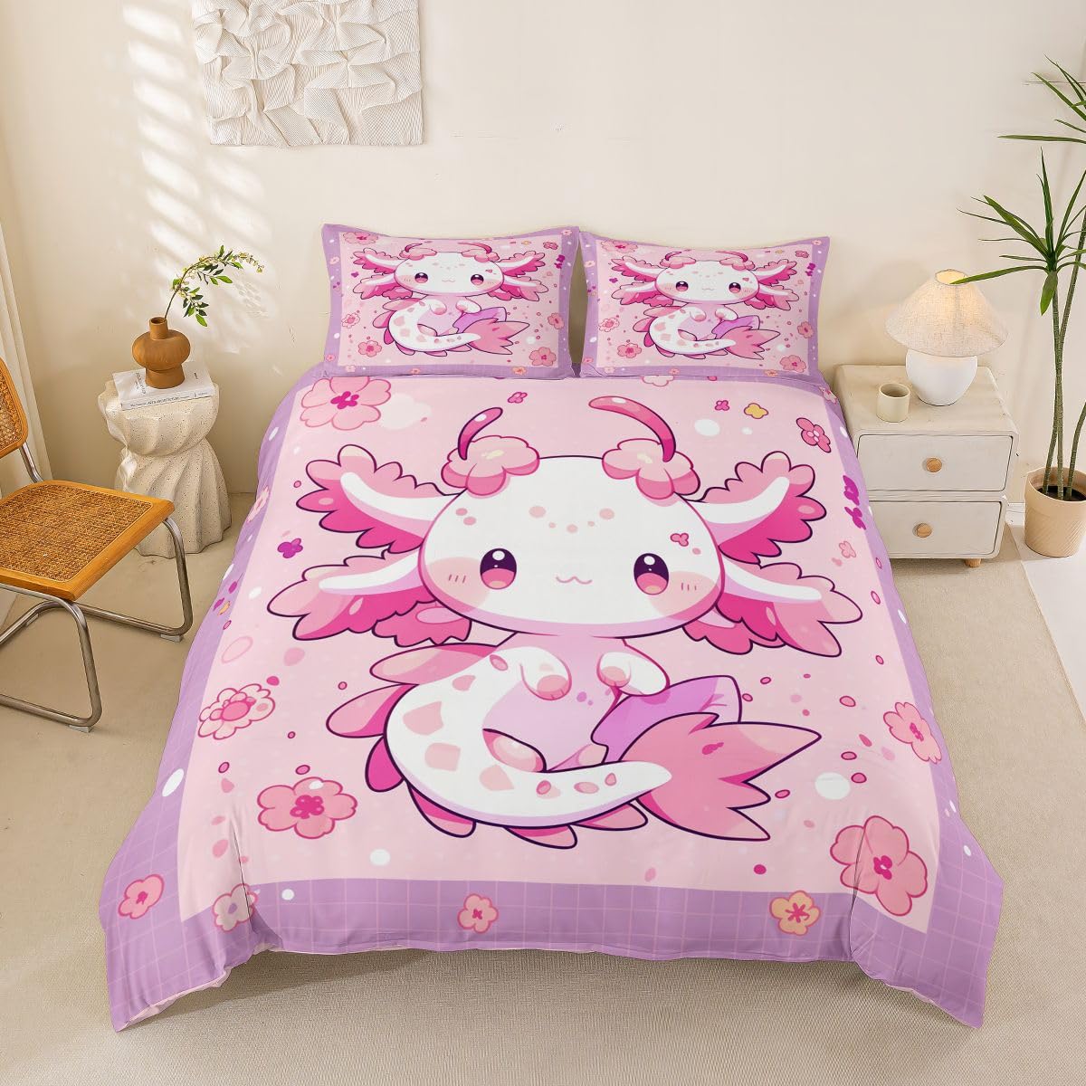 Homewish Salamander różowy kawaii kreskówka król poszewka na kołdrę kwiatowy księżniczka zestaw pościeli zwierzę śliczny aksolotl poszewka na kołdrę kwiaty zestawy łóżek