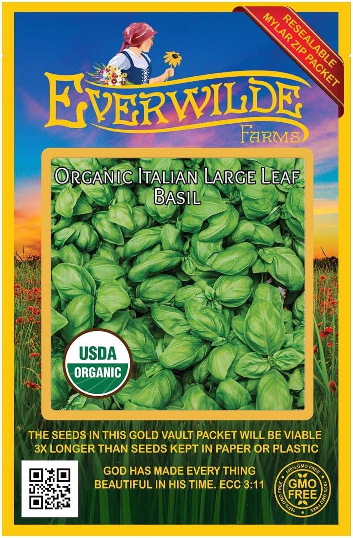 Everwilde Farms - 1 Lb Organic Italian Large Leaf Basil Herb Seeds - Gold Vault Packet