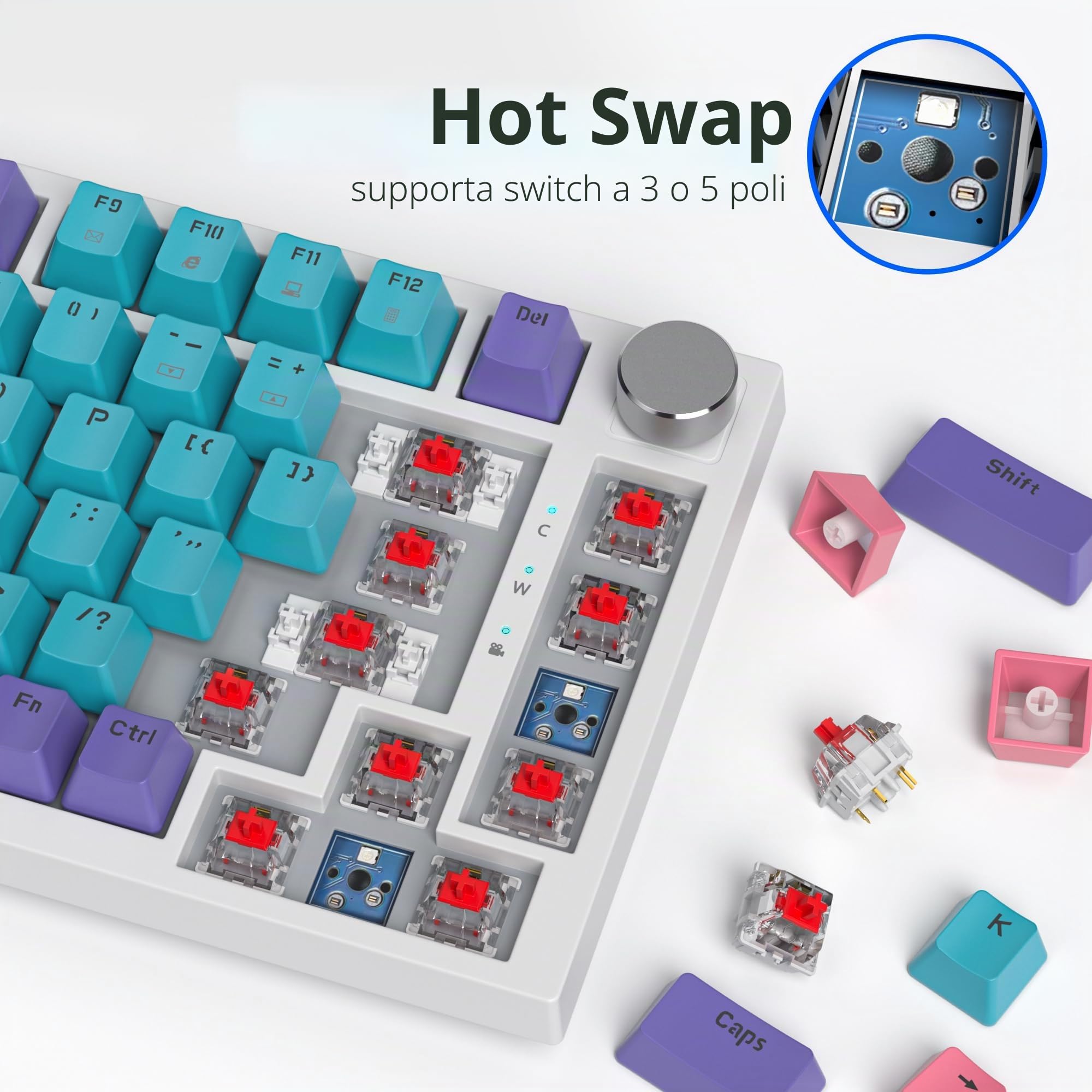 Tastiera meccanica con guarnizione al 75%, tastiera RGB meccanica cablata personalizzata TKL al 75% sostituibile a caldo con cuscinetti fonoassorbenti, QWERTY americana programmabile