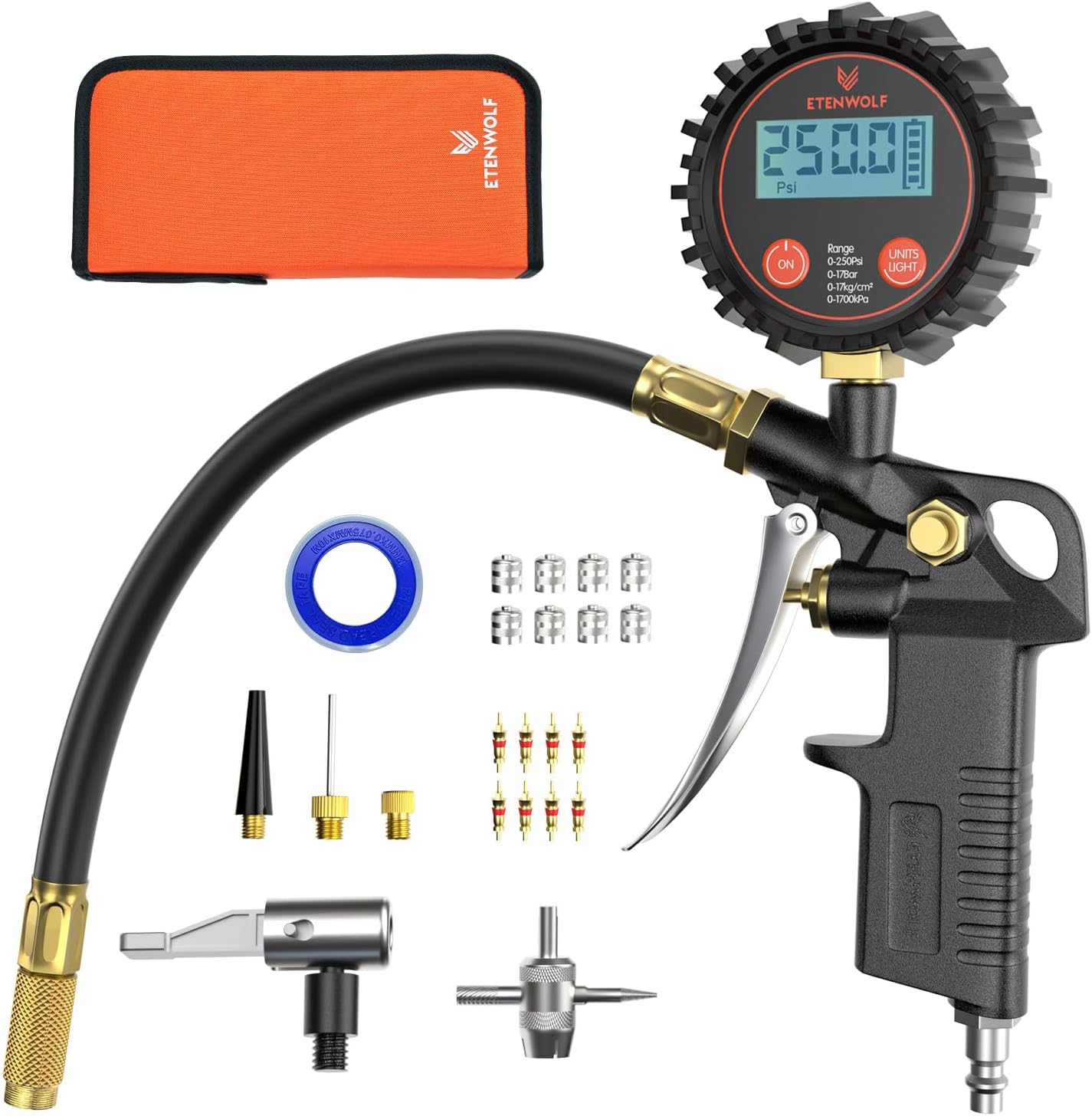 ETENWOLF T500 Digital Tyre Pressure Gauge With Inflator, Tyre Gauge 0-250 PSI, Calibrated to ANSI B40.7 Grade 2A, Air Chuck & Compressor Accessories with Storage Bag, Black