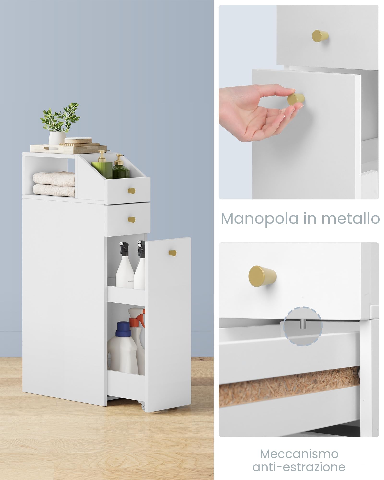 Hzuaneri Mobile da Bagno, Mobiletto Portaoggetti, unità stretta con cassetto, con rotelle, 40 x 20 x 80 cm, per Bagnos, Soggiorno, Cucina, Bianco BC22003X