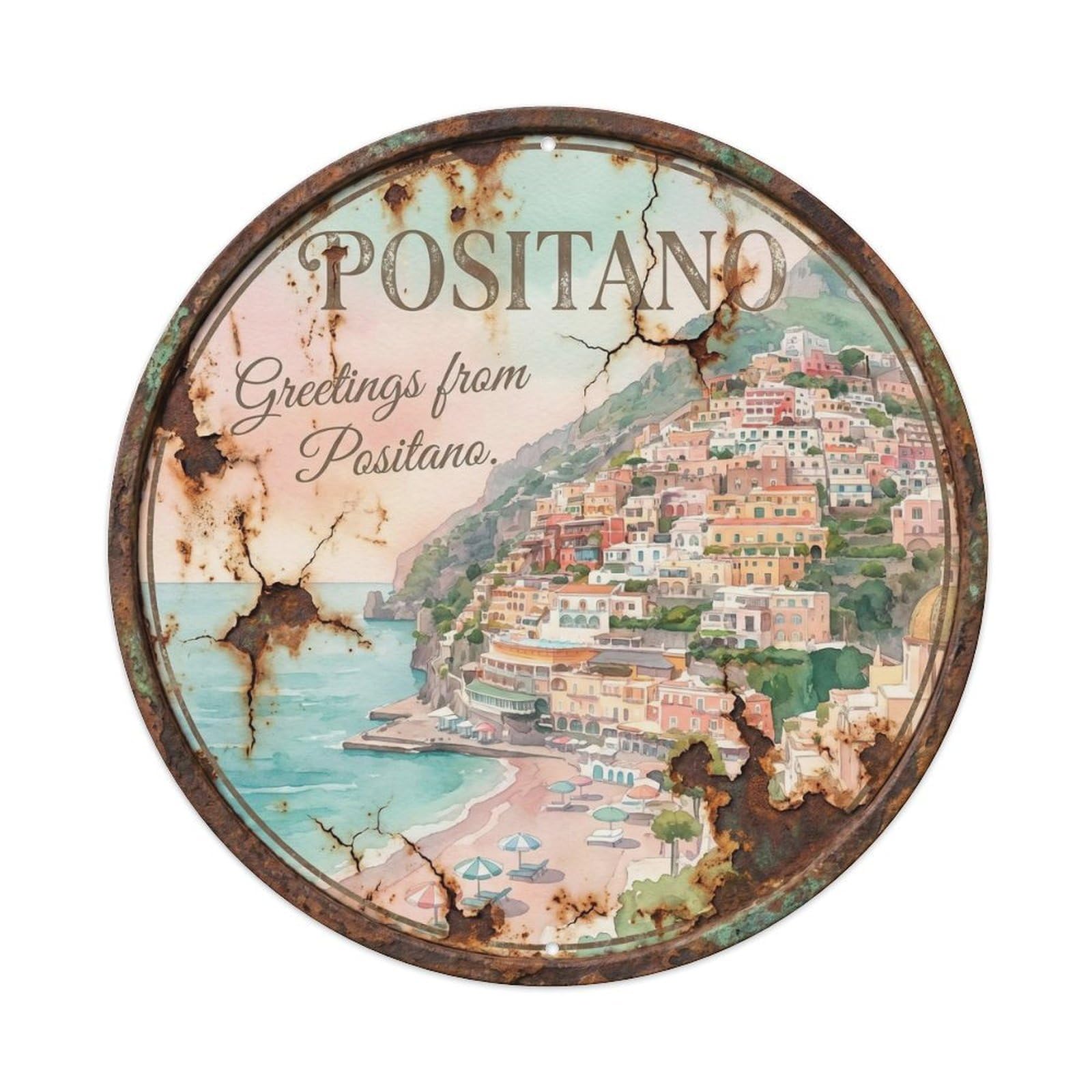 Positano Italian Mediterranean Coastal Italy Seaside Metal Tin Sign Plaque Wall Decor for Cafe, Man Cave, Club Bar, Office, Home Garden Round Metal Poster 8x8Inch