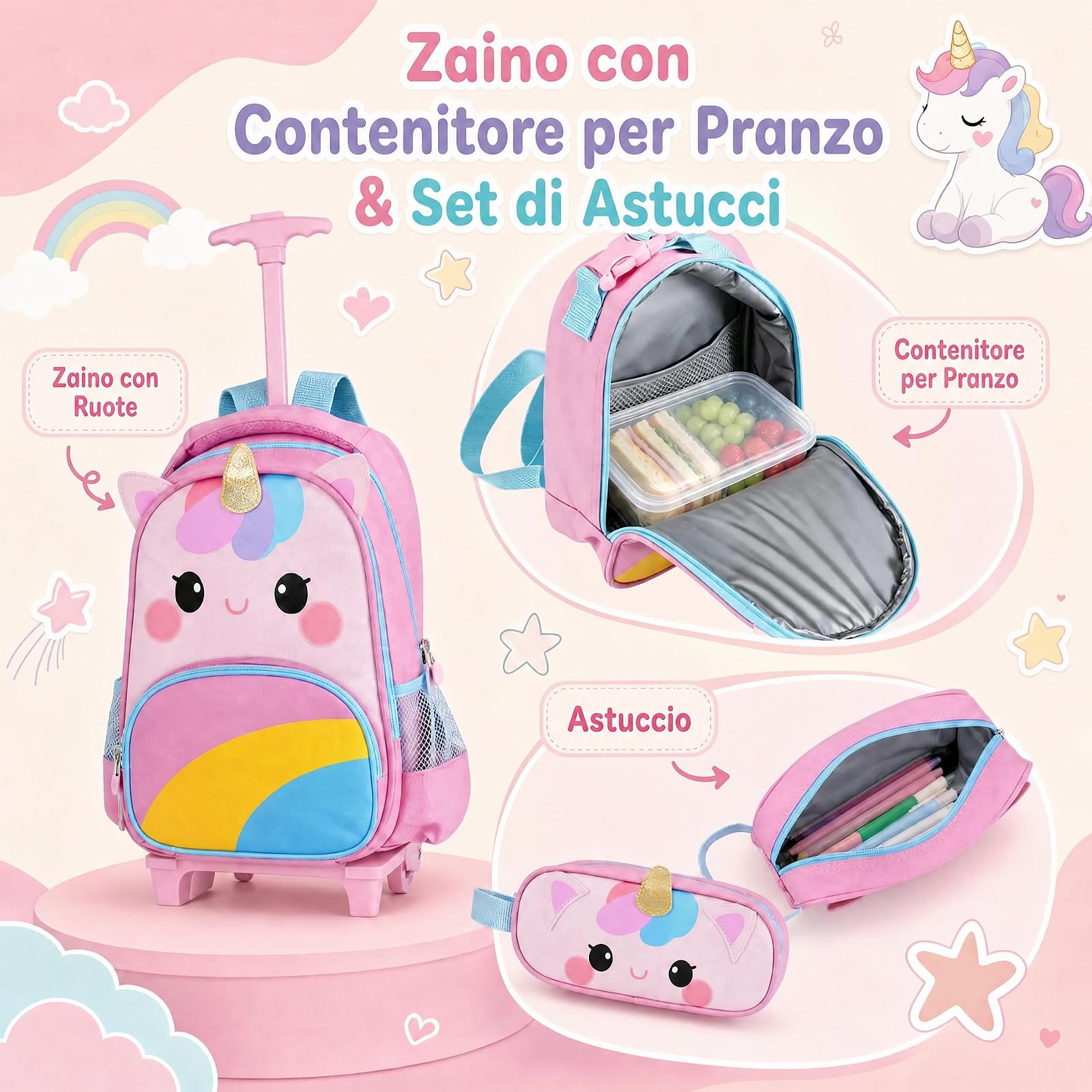 COSTWAY Set di 3 Zaini con Ruote per Bambini 3+ Anni (Modello 2) | 3 in 1 Zaino Trolley da Scuola con Borsa per Pranzo e Astuccio per Matite, Maniglia Retrattile e Portabicchieri Laterale