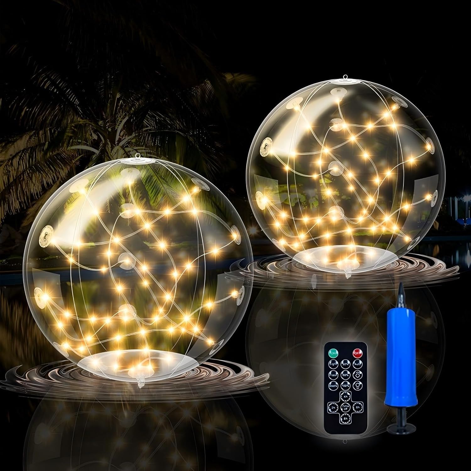 2 Pack Solar Floating Pool Lights, 14 Inch 3000K Warm White Inflatable LED Pool Balls with Remote, IP68 Waterproof Pool Lights That Float for Swimming Pool Party Yard Outdoor Decor