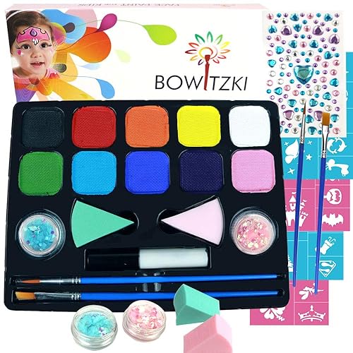 Bowitzki Face Paint Kit With 10 Colors,32 Stencils,2 Brushes,2 Chunky Glitters,2 Sponges,1 Body Glue,Water Based Easy To Remove Face Painting For