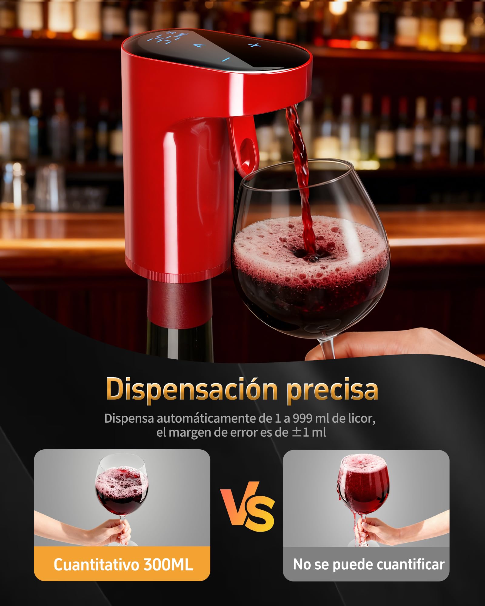 Regalo Asunción Virgen - 5en1 Decantador Eléctrico Vino y Dispensador Licor | Aireador Automático Dosif Precisión 1-999ml | Para amantes vino, whisky, anfitriones (Rojo)