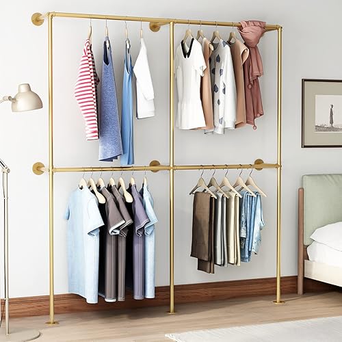 IronJiaZu Percheros de Ropa de Tubería Dorada para Montaje en Pared Perchero de Ropa Dorado, Percheros de Ropa de Tubería Industrial Resistente
