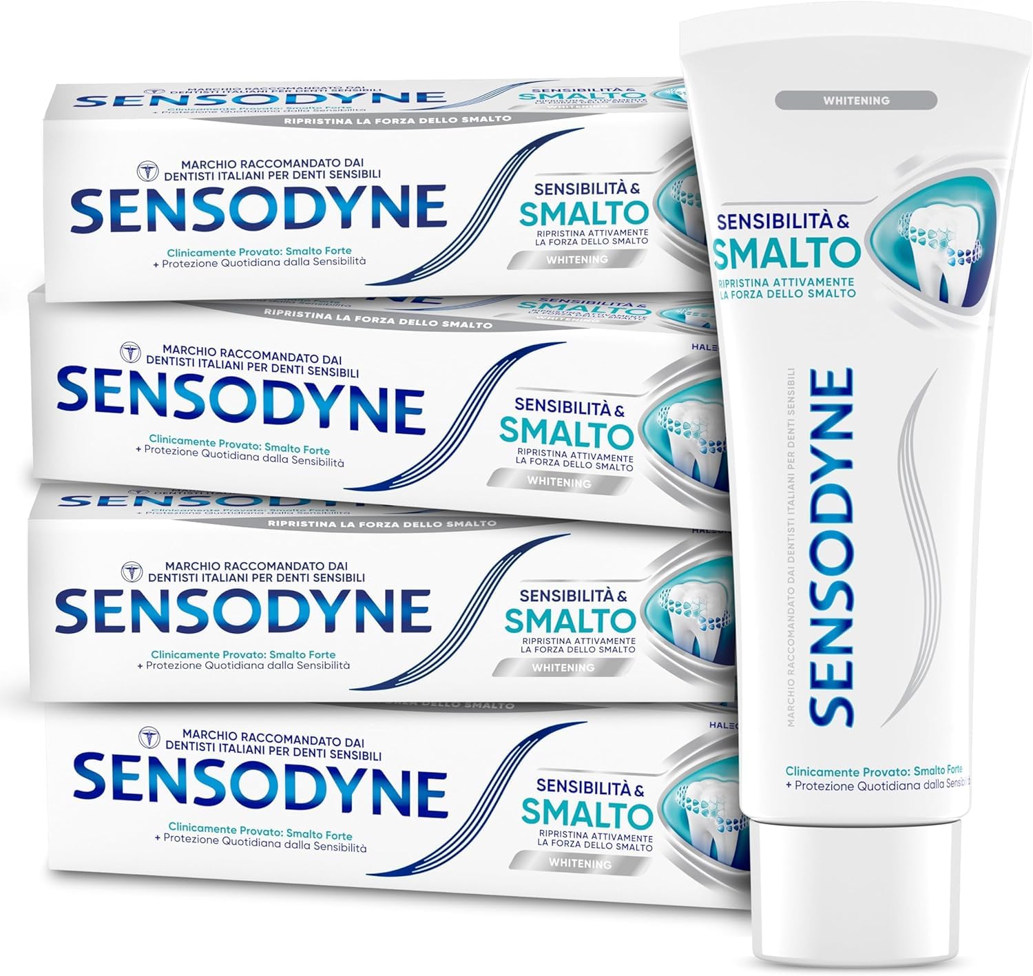 Sensodyne Dentifricio Sensibilità & Smalto Whitening, per Denti Sensibili e Smalto forte, Effetto Sbiancante*,Gusto menta fresca, Maxi formato 4x75ml