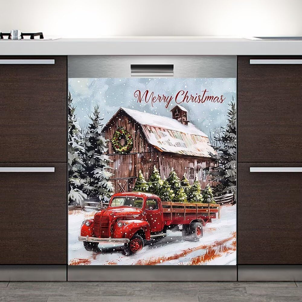 Christmas Red Truck Wallpaper Magnetic Sticker Dishwasher Cover,Country Kitchen Decor Refrigerator Magnet Cover,Magnets Fridge Decal 23W x 26H inchs