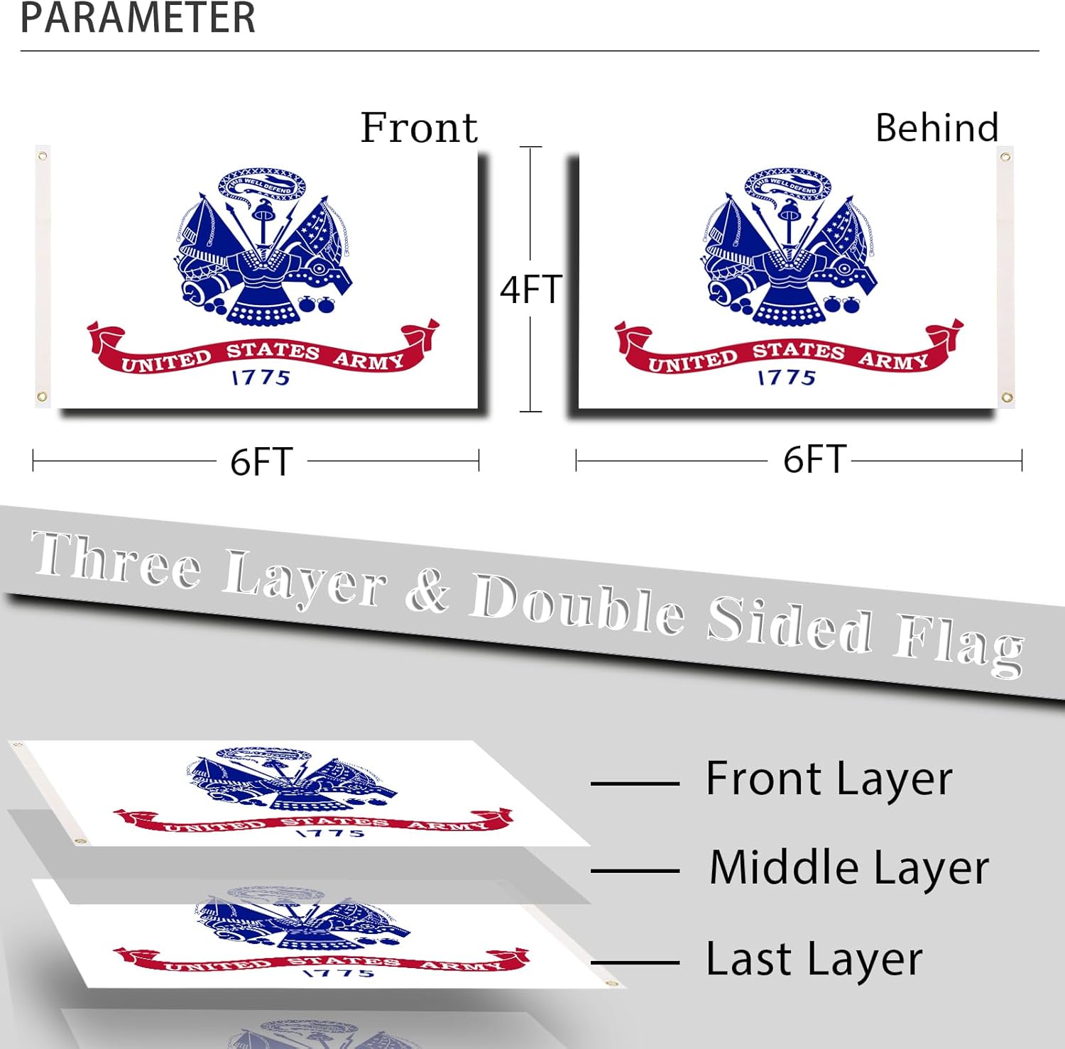 US Army Military Flag 4x6 Outdoor Double Sided White United States Army Flag for Outside Heavy Duty 100% Polyester Fiber Bright Color with Durable Canvas Header and 2 Non Fading Brass Grommets
