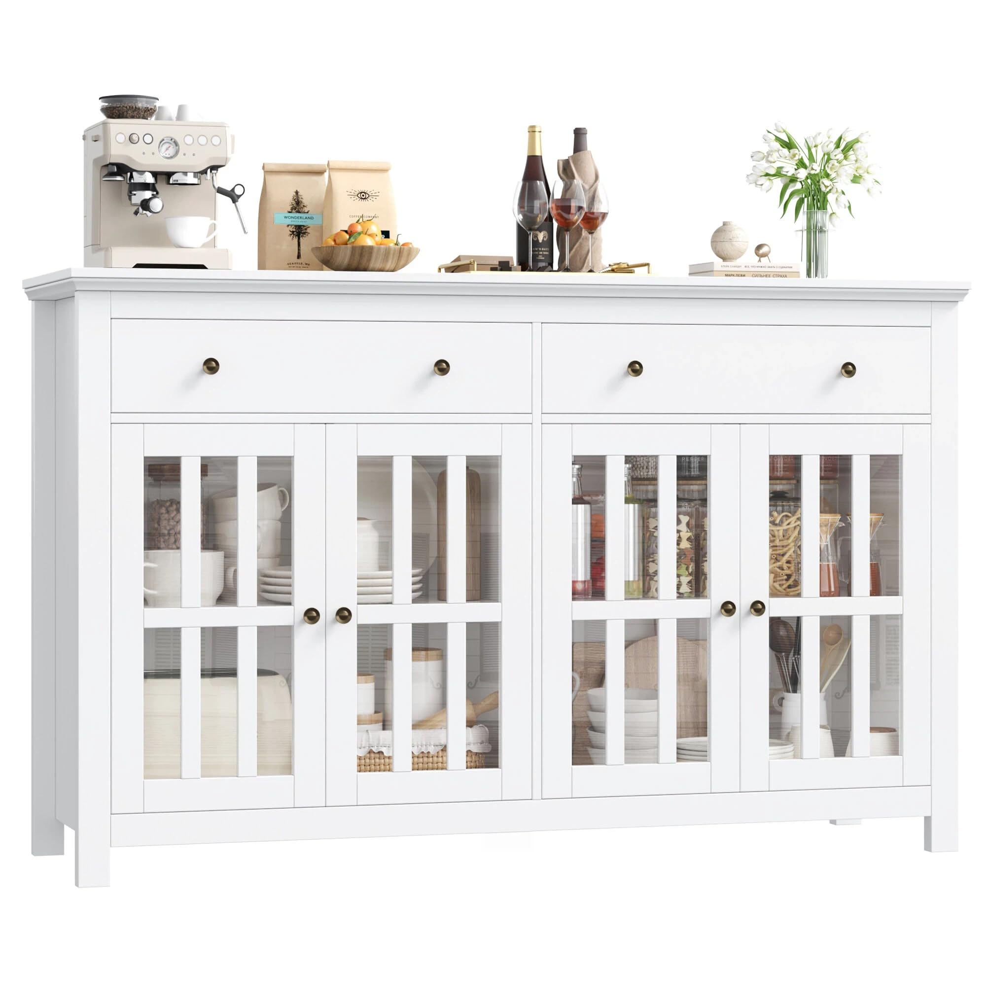 FirFurd Mobile Cucina, Credenza Soggiorno con 4 Ante in Vetro, Buffet Mobile Moderno con 2 Cassetti Ripiani Regolabili o Rimovibili, per Cucina, Soggiorno, Sala da pranzo, 140x40x90.7cm, Bianco