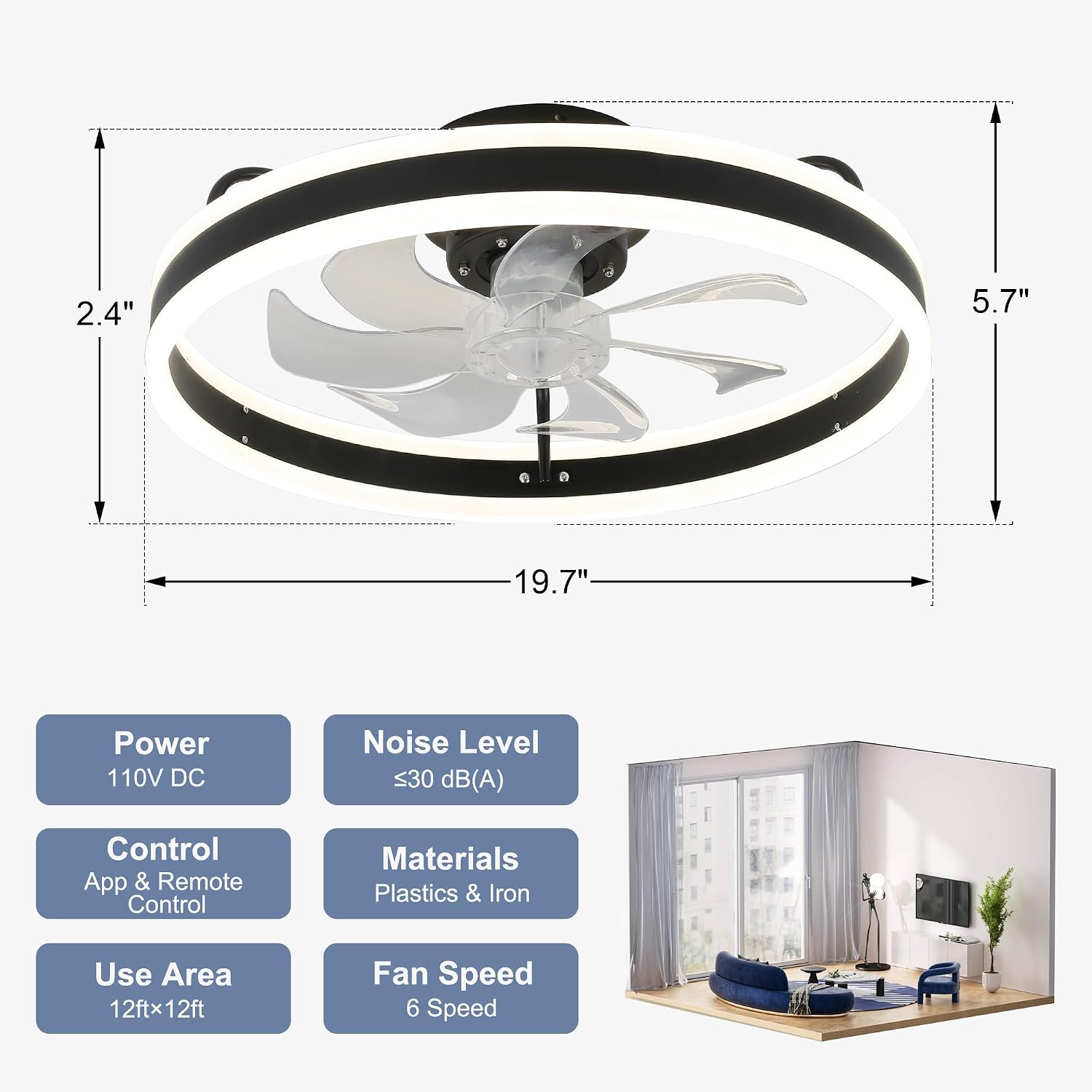 20'' Low Profile Ceiling Fans with Lights and Remote,Reversible,3 Colors Dimmable,Modern Flush Mount LED Ceiling Fan with Light and APP for Bedroom,Kids,Dinning Room