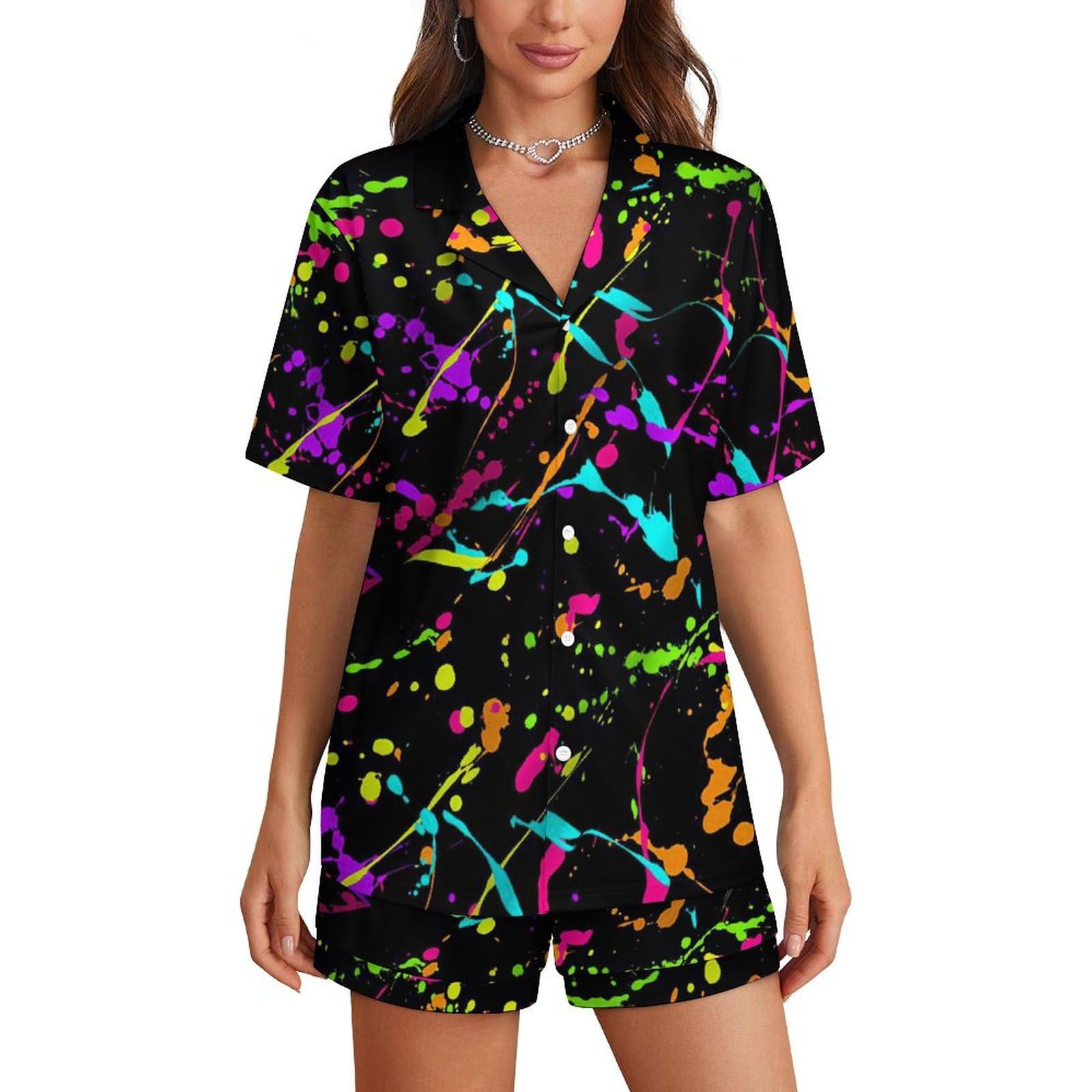 Smazdfxx Women's As Pic Glow In Dark Splatter Neon 2 Pajamas Sets Short Sleepwear V Neck Loungewear
