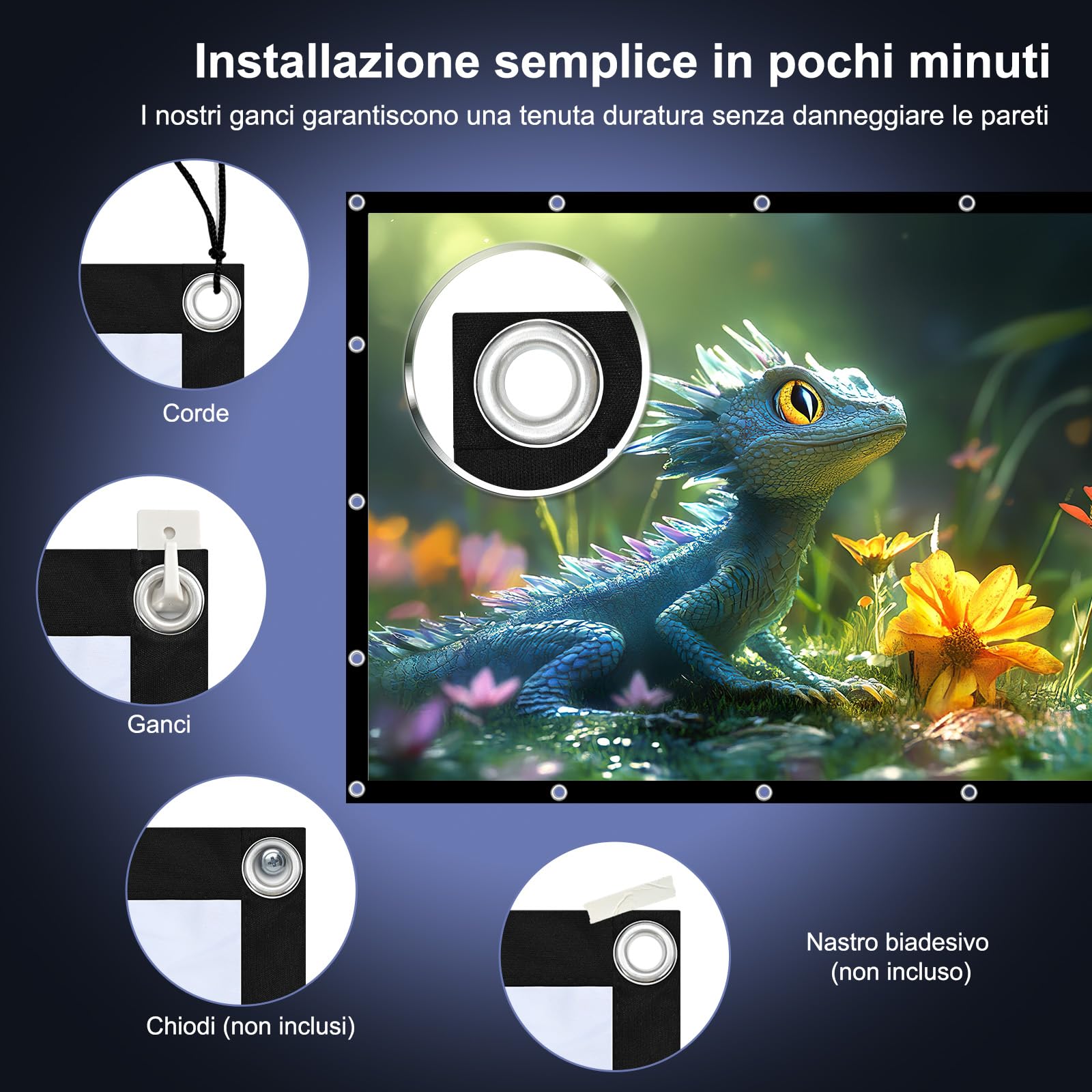 HOPFROG 120 Pollici Schermo Proiettore Portatile, Tessuto Seta di Latte Lavabile Antirughe, 16:9 4K HD Doppio Lato Pieghevole per Campeggio Esterno e Home Theater, Installazione Semplice con Ganci