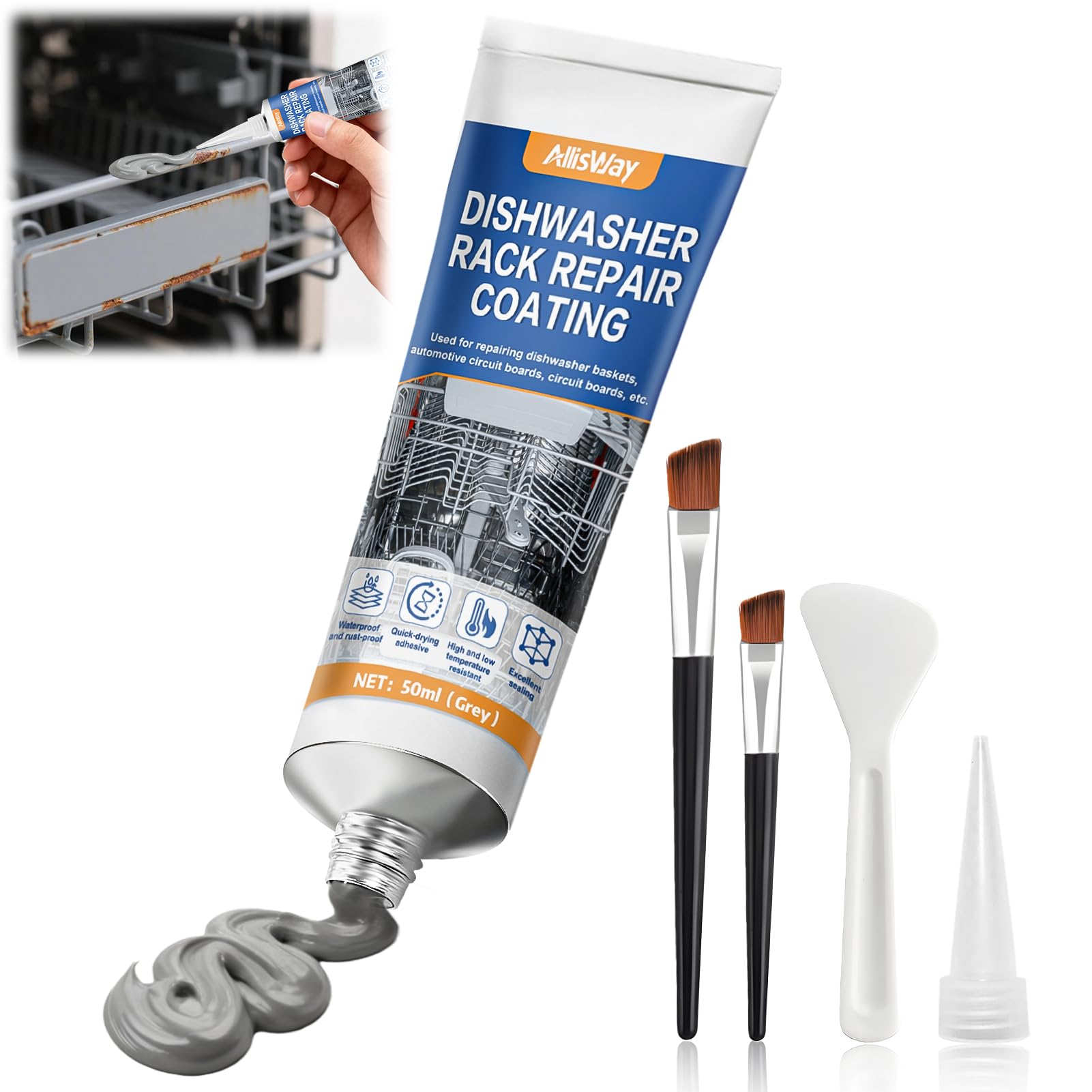 Dishwashing Rust Paint, Plastic Putty Repair, Waterproof and Corrosion-Resistant, Specially Designed to Repair Surfaces of Dishwasher Baskets, 50 ml, Grey - 1