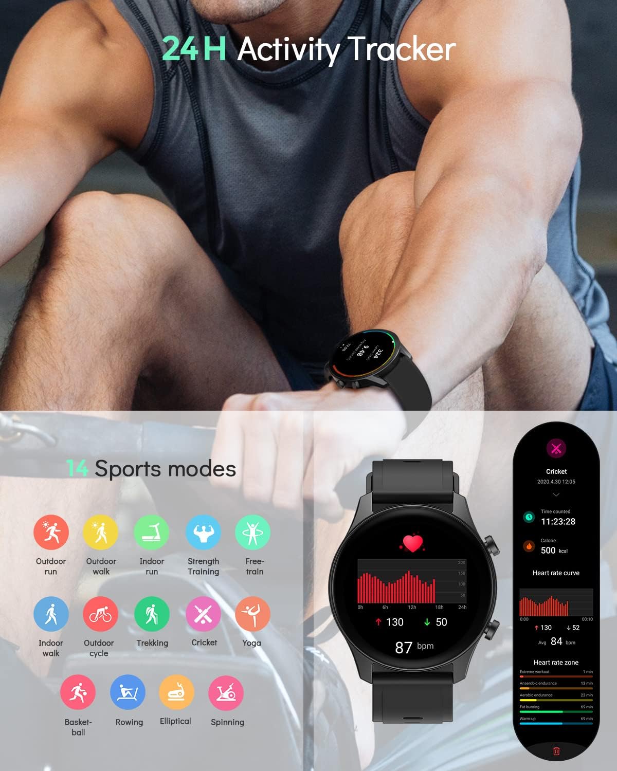 Deeprio Smart Watch 1.2" AMOLED Always-on Display 3ATM Waterproof for Android Phones and iPhone Compatible Samsung Men Women Heart Rate Blood Oxygen Monitor Smartwatch Fitness Tracker Black