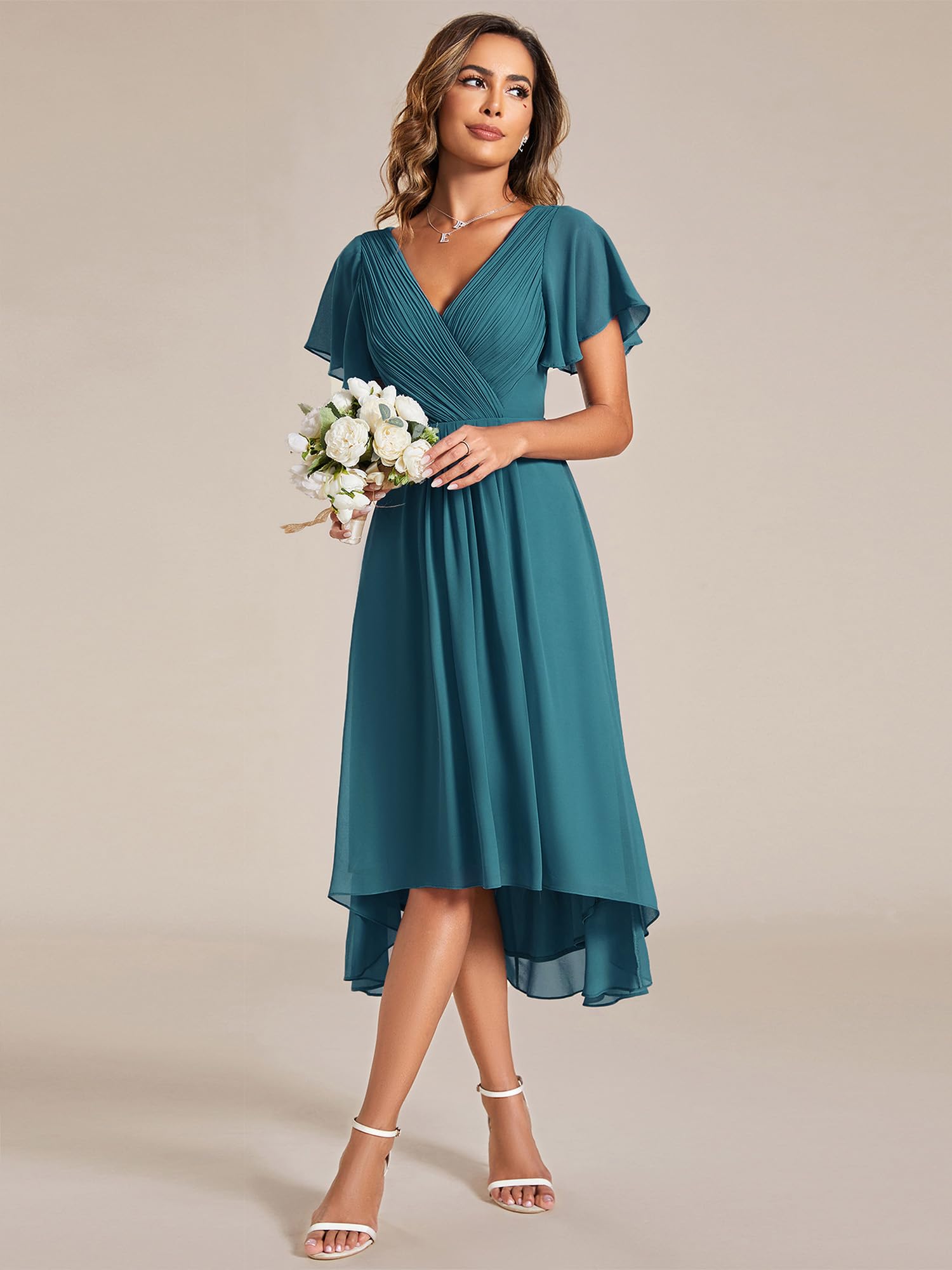 Ever-Pretty Abito estivo da donna in chiffon plissettato con scollo a V corto per ospiti di matrimonio con maniche arricciate 01923
