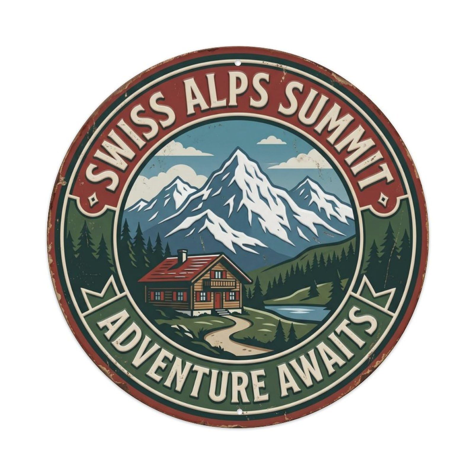 Alps Summit Adventure Switzerland Mountain Metal Tin Sign Plaque Wall Decor for Cafe, Club Bar, Office, Home Garden Round Metal Poster 8x8Inch