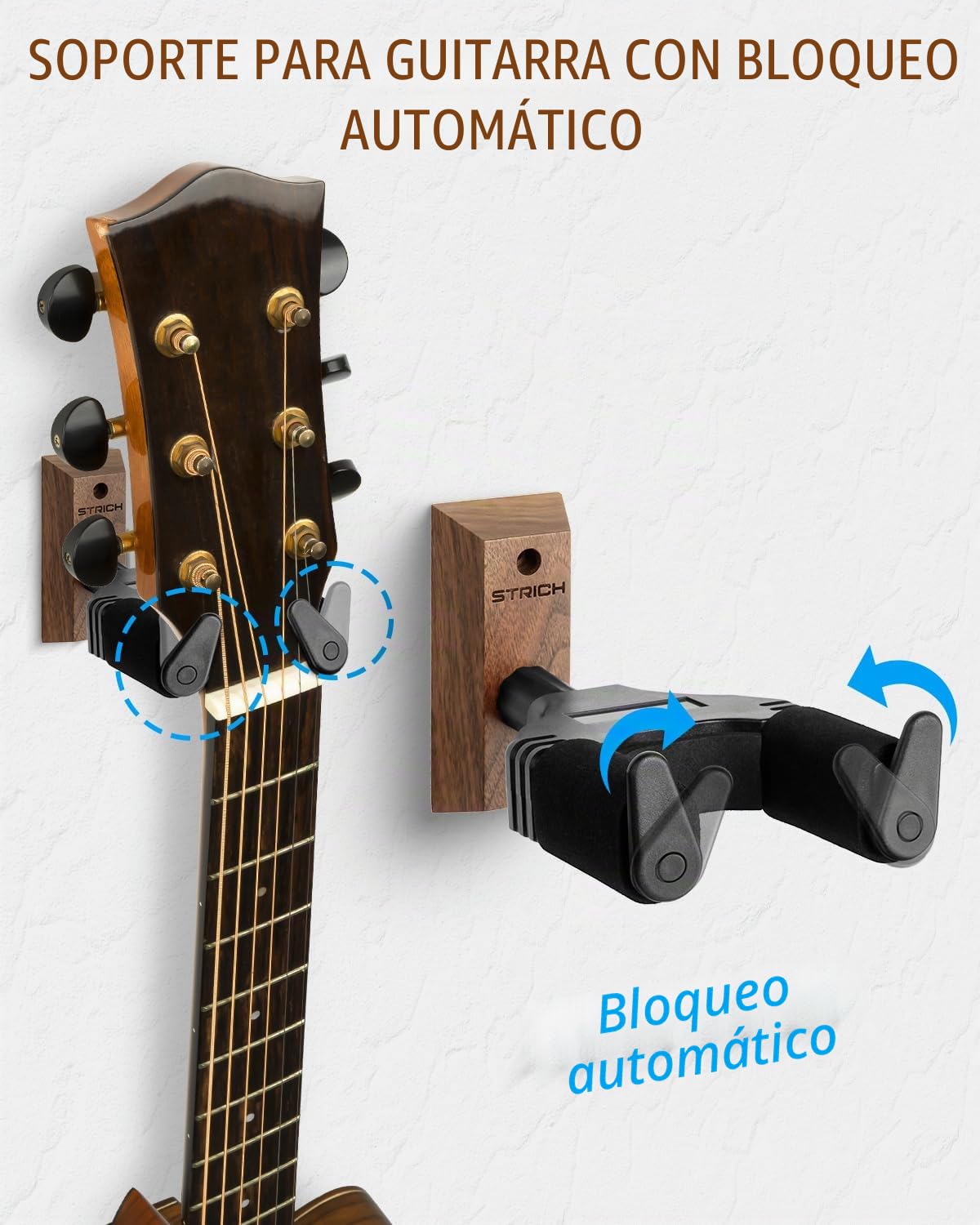 STRICH Soporte de pared para guitarra, nogal, en forma de U con tornillos, gancho de bloqueo automático para guitarra acústica, guitarra eléctrica, banjo, bajo (paquete de 2)