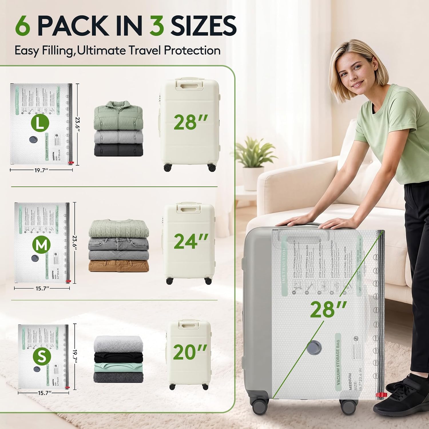 6 Packs Vacuum Bags for Travel with Rechargeable air Pump, 3 Sizes Vacuum Seal Bags for Clothing, Space-Saving Compression Storage Bags for Travel & Closet Organization