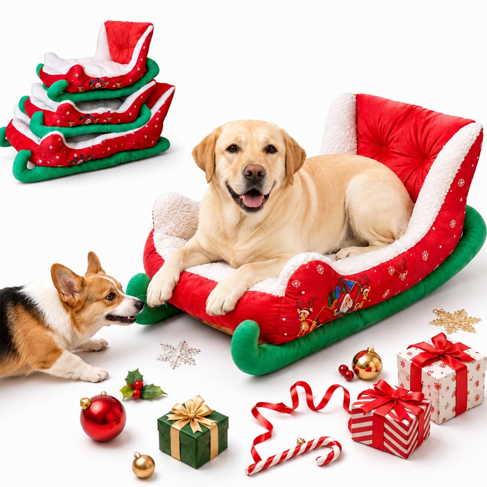 Christmas Sleigh Dog Bed, Plush Winter Pet Bed for Dogs & Cats (M)