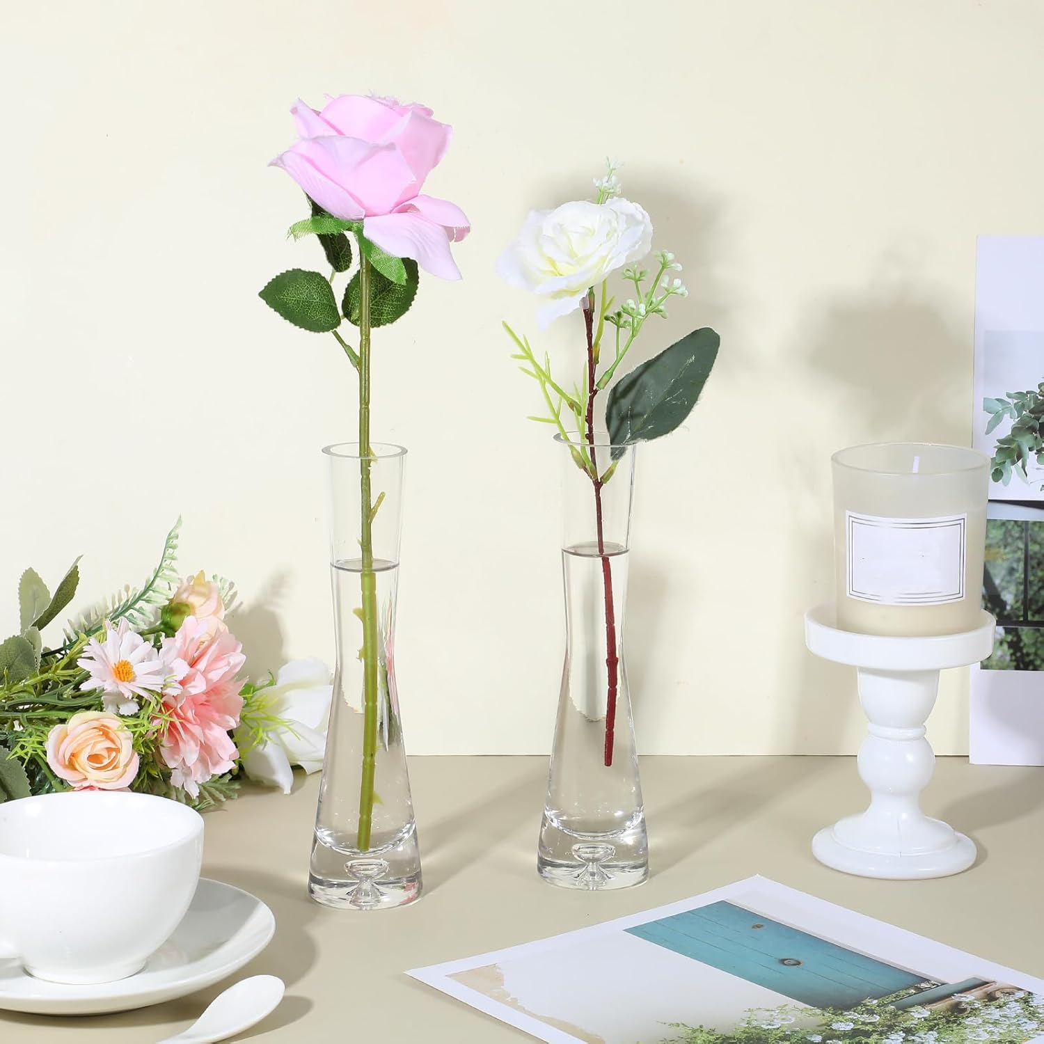 6 Pack Glass Bud Vases for Centerpieces, Handmade Modern Clear Small Skinny Decorative Single Flower Vase, Minimalist Slim Floral Vase for Home Wedding Party Events Table Decor, 7.87"