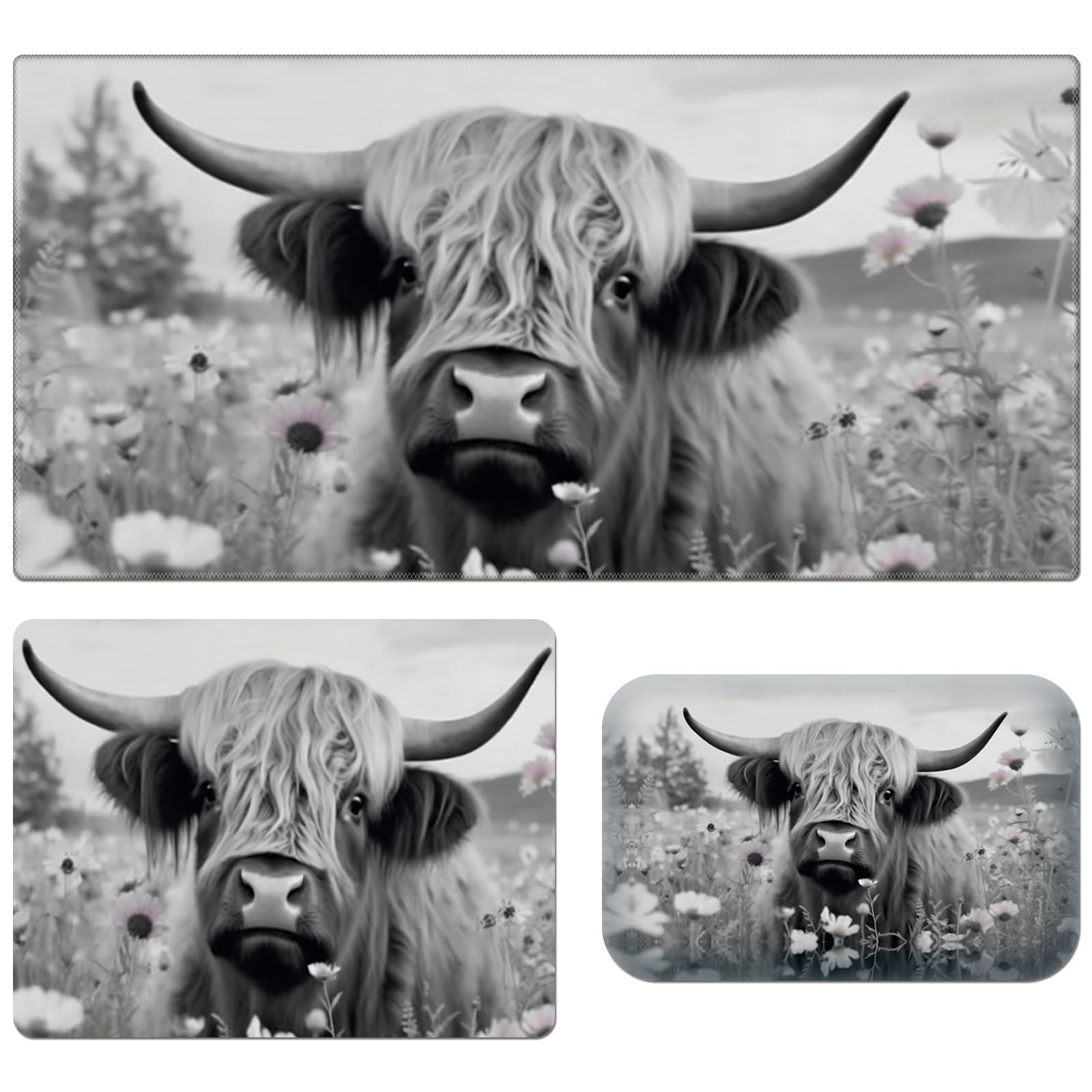 Desk Pad, Large Game Mouse Pad + Small Mouse Pad+Wrist Rest,Ergonomic Mouse Pad,Table Mat with Stitched Edge,Anti-Slip,Memory Foam Desk Mat for Home Office Gaming(23.6×11.8in),Highland Cow Ox Cattle