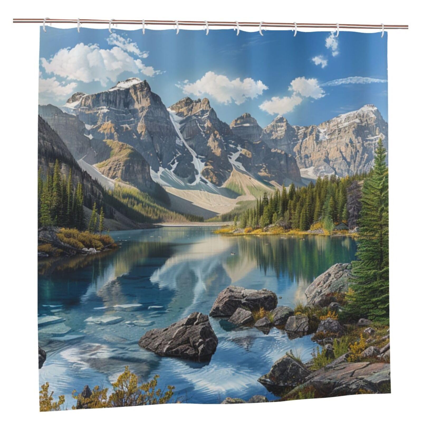 BWWHCCTI Rocky Mountains Printed Shower Curtain With 12 Plastic Hooks Opaque Quick Drying Waterproof Shower Curtains Sets For Bathroom 183x183 CM