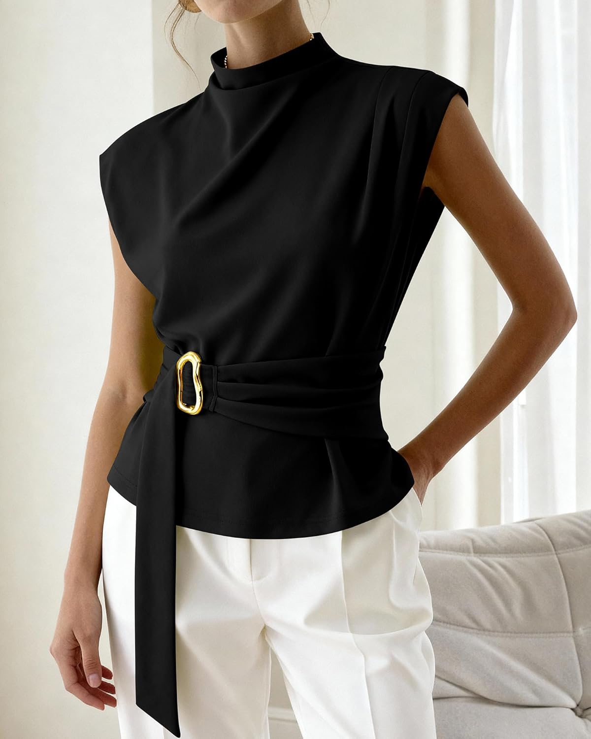 PRETTYGARDEN Women Blouses Spring Dressy Cap Sleeve Mock Neck Work Shirts Buckle Tunic Summer Business Casual Tops 2026 - Image 8