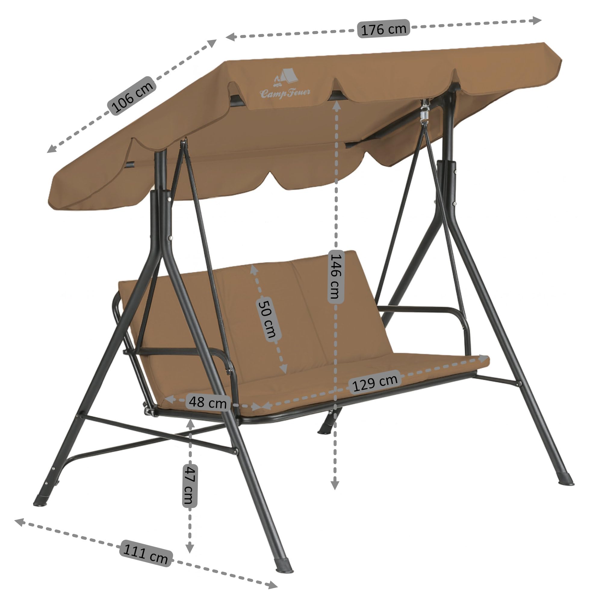 Dondolo Hollywood a 3 posti con tettuccio parasole, marrone | portata fino a 250 kg | Sdraio basculante per esterni, altalena da giardino, altalena per veranda, sedile esterno