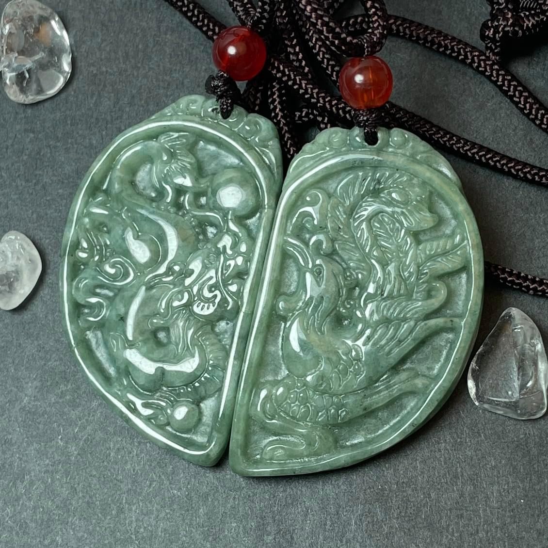 Real Jade Dragon Phoenix Couple Necklace Jewelry, Green Jade Pendant Charm, Heart Shape Matching Pair, Wedding Valentine Gift Idea - Image 9