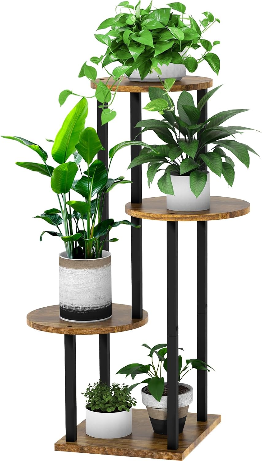4 Tier Wood Tall Plant Stand Metal Rack Indoor, Multiple Flower Pot Holder Shelves Corner Rack, Round Planter Shelf Display Rack Storage Organizer for Patio Living Room Balcony(Black) 4 Tier, Black