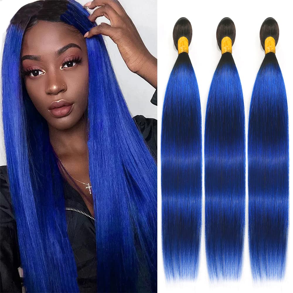 Ombre Bundles Human Hair 1B /Blue Straight Human Hair Bundles 20 22 24 Inch 3 Bundles Double Weft Blue Straight Bundles Ombre Two Tone Black Root to Blue Hair Weave Brazilian Virgin Remy Hair Extensi