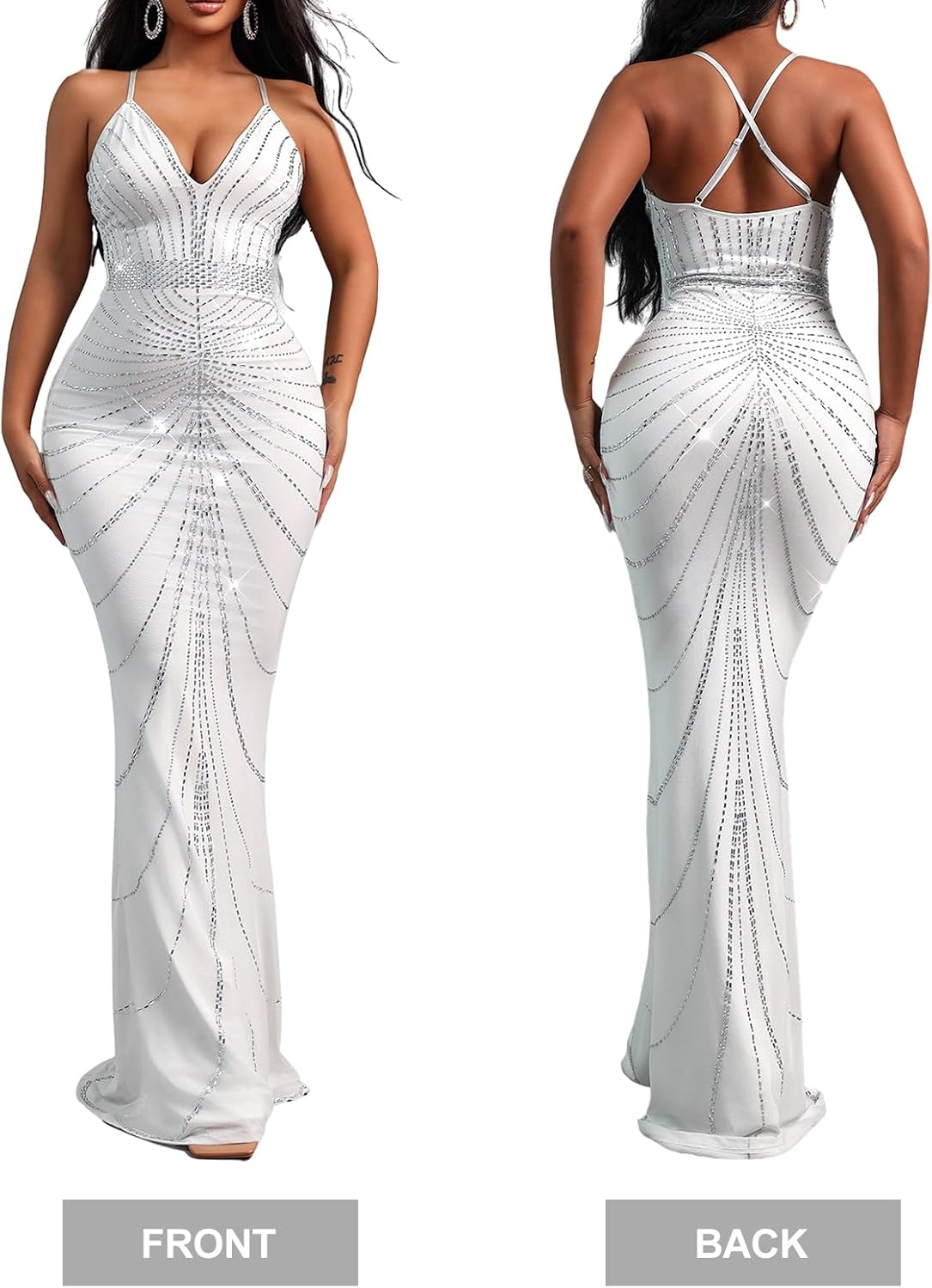 Rhinestone Evening Gown Mermaid Long Maxi Spaghetti Staps V Neck Maxi Dress for Women Formal Prom Dress White