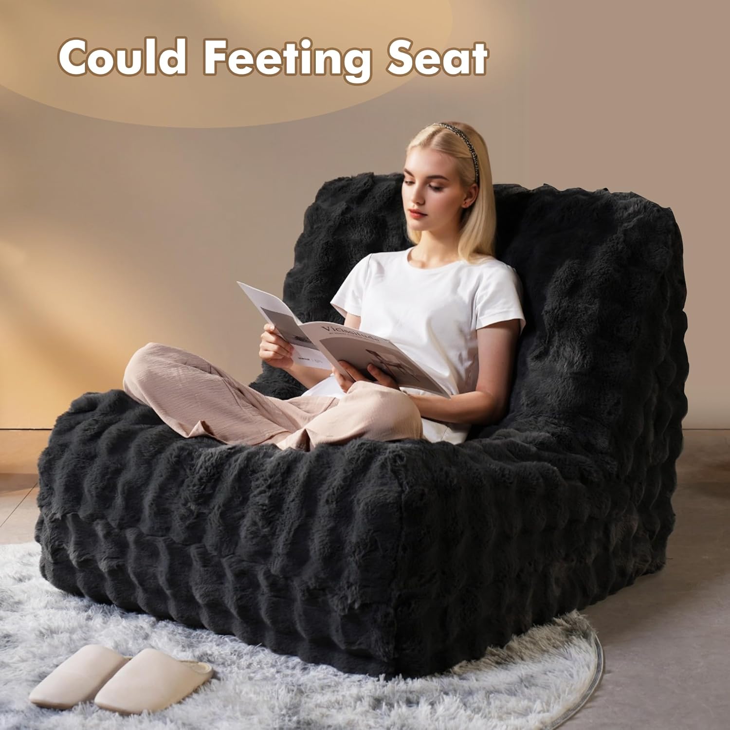 Bean Bag Chair for Adults, Giant Oversized Fluffy Bean Bag for Fireside, Big Bean Bag Lounger Floor Chair for Home, Apartment, Gaming Venue, Dorm, Dark Gray