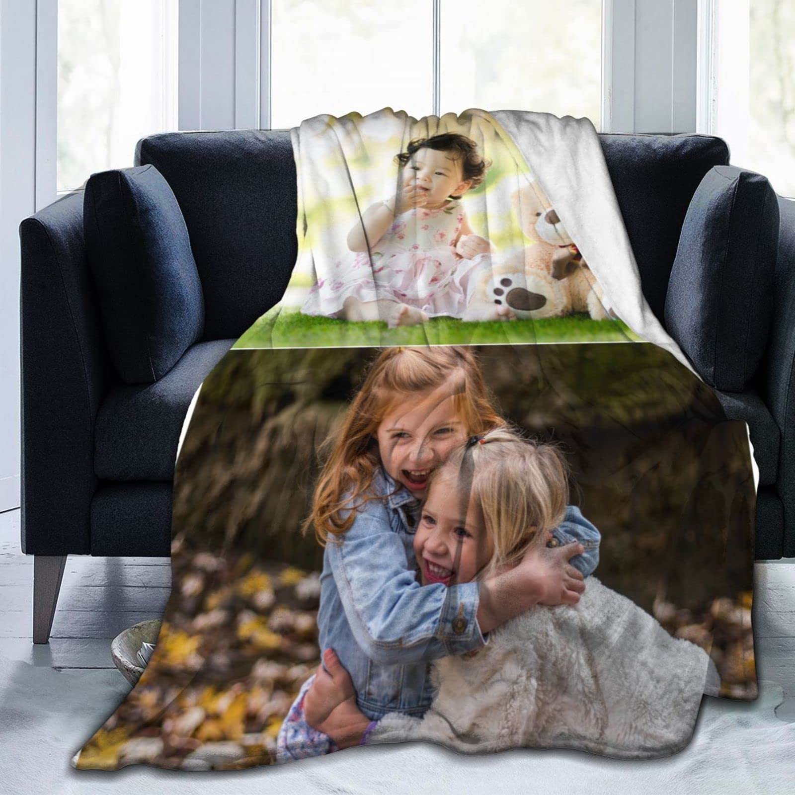 XIAYPRL Personalised Photo Blanket Customized Throw Blankets with Picture Names Text for Lovers Family Birthday Gifts for Adults Baby Boys Girls Pet 2 Collage Images,80x60 inch (200x150cm)