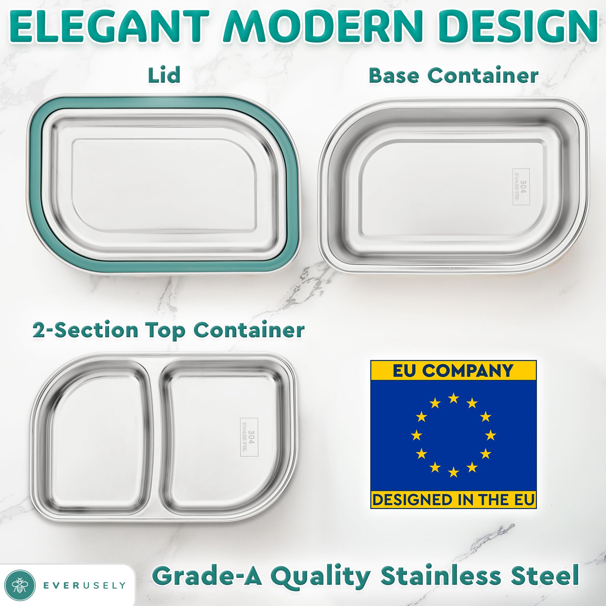 Everusely Bento Box in acciaio inossidabile - Lunch Box a più livelli - Contenitore metallico a 2 scomparti con coperchio a tenuta stagna - Livello a scomparti rimovibile