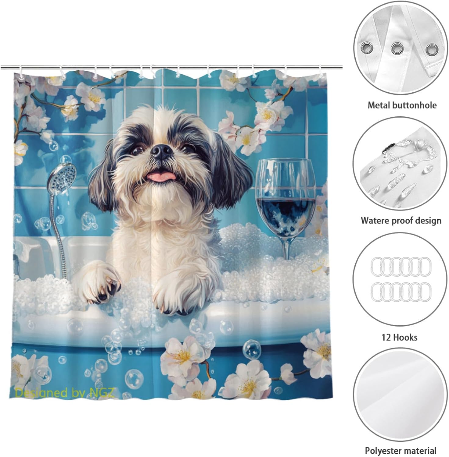 NGZ Funny Shih Tzu Shower Curtain, SPA with Wine, Blue Shower Curtain, 72x72 Inches Shower Curtains for Bathroom, Bath Curtains Set with 12 Hooks