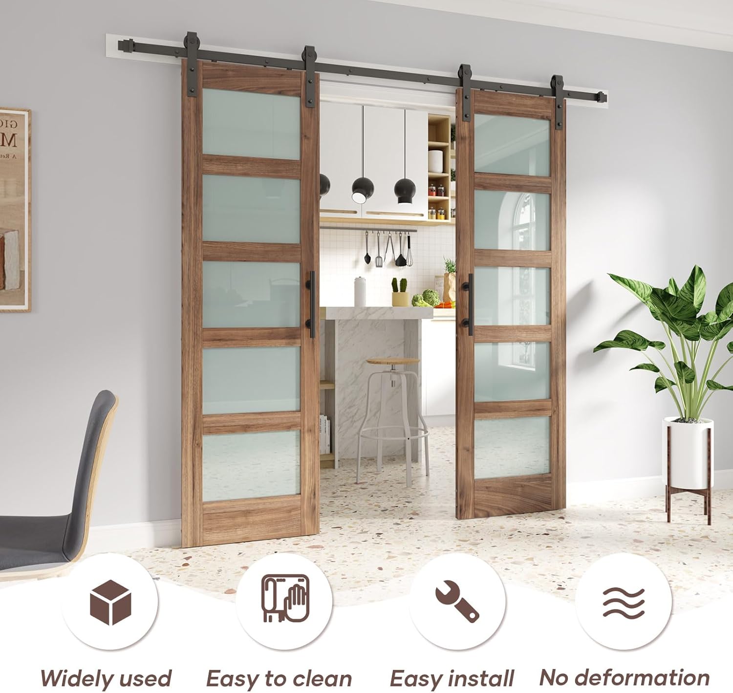 FREDBECK Double 24 x 84 inch Glass Barn Doors 48inch Barn Door with 8FT Hardware Kit & Handle Included,5-Panel Frosted Glass,LVL Wood Panel,Water-Proof PVC Surface,Pre-Drilled Holes,Need Assembly