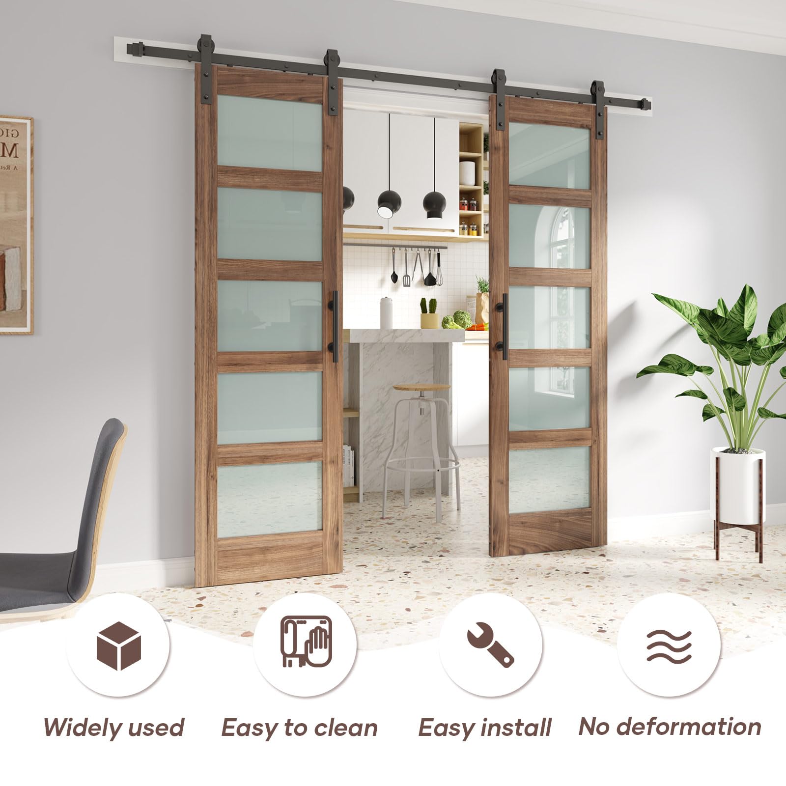 Condition photo showing New/Like New for FREDBECK Double 24 x 84 inch Glass Barn Doors 48inch Barn Door with 8FT Hardware Kit & Handle Included,5-Panel Frosted Glass,LVL Wood Panel,Water-Proof PVC Surface,Pre-Drilled Holes,Need Assembly