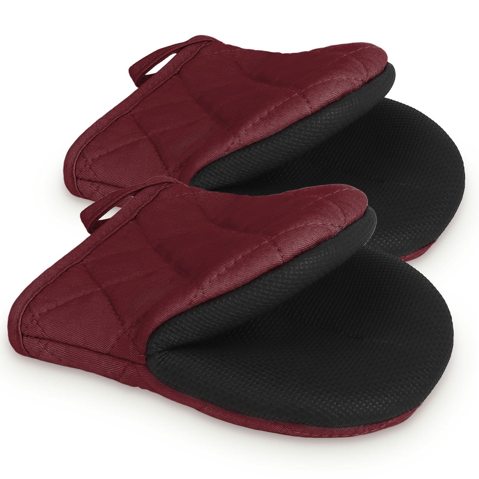 1 Pair Short Oven Mitts, Heat Resistant Silicone Kitchen Mini Oven Mitts for 500 Degrees, Non-Slip Grip Surfaces and Hanging Loop Gloves, Baking Grilling Barbecue Microwave Machine Washable